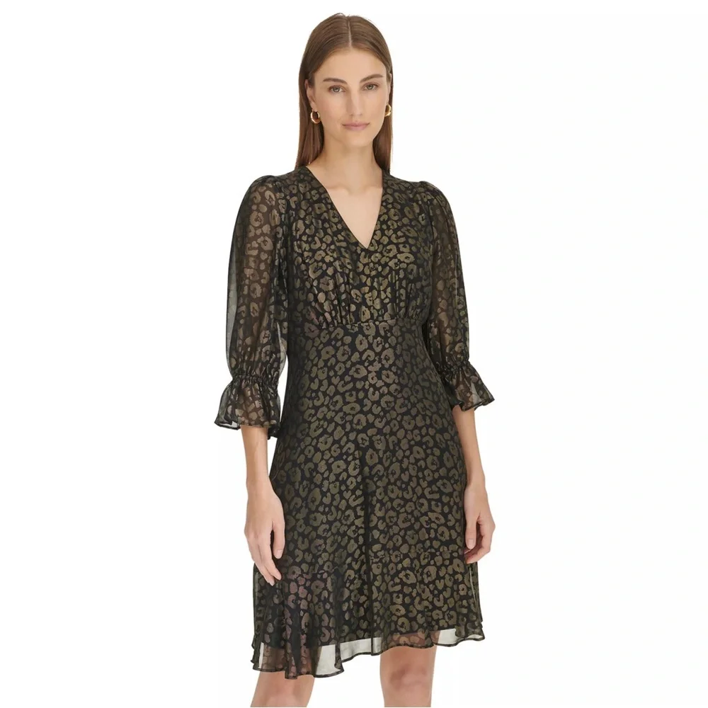 NWT Harper Rose 3/4 Sleeve Tulip Cuff Dress Black & Gold Size 4 - Picture 2 of 6